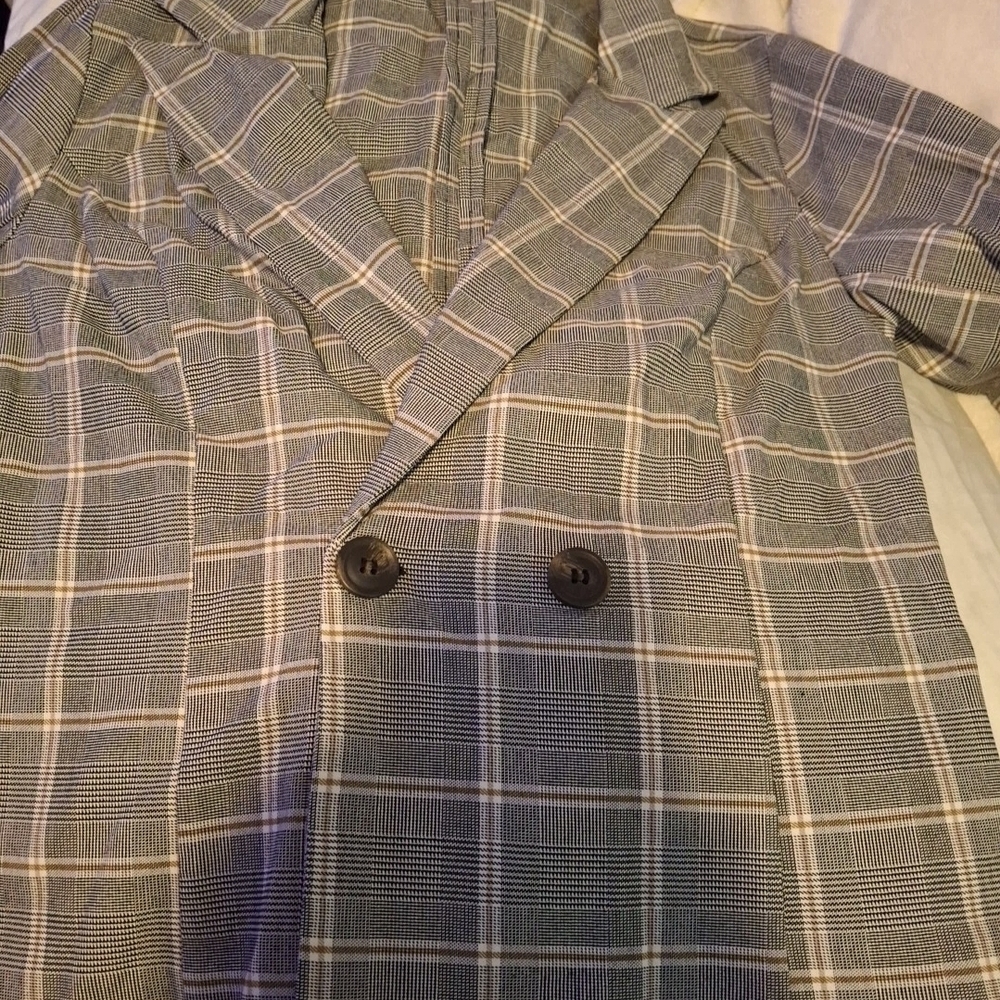 Plaid Double-Breasted Women's Blazer Jacket - Gray/White